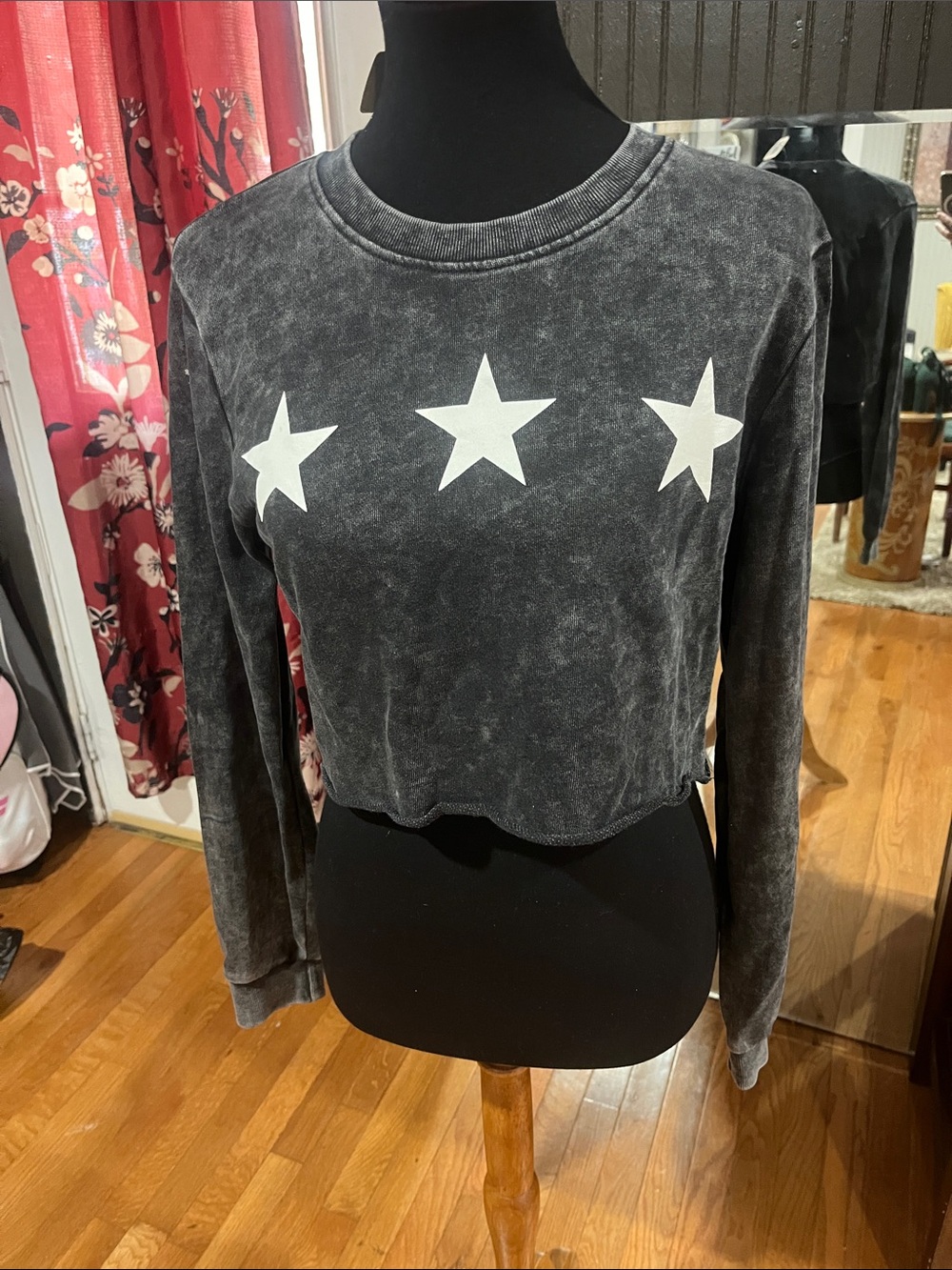 Mono B Washed Black Cropped Sweatshirt with White Stars